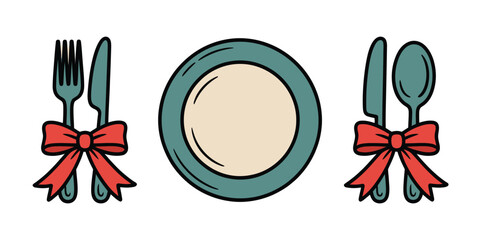 A cartoon image showing a plate with a fork and knife on one side and spoon and knife on the other side