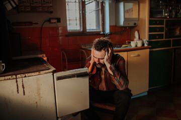 Despaired man sitting by wood stove in aged interior.