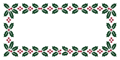 A christmas frame featuring holly leaves and berries arranged around a rectangular white space area