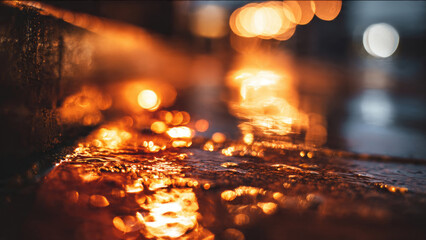Warm bokeh lights reflect on a wet urban surface, creating a dreamy, atmospheric scene with orange and subtle blue hues.