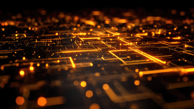 Vibrant orange glowing lines and scattered points illuminate a dark, abstract digital landscape, evoking high-tech circuits, data flow, and connectivity.