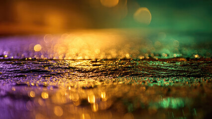 Vibrant, abstract low-light image of a wet, textured surface reflecting colorful bokeh lights. Gold, purple, and green hues create a dreamy urban night scene.