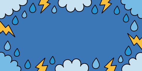 Cartoon illustration featuring clouds raindrops and lightning bolts arranged around a blue background