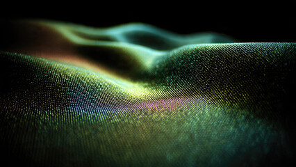 Abstract digital landscape of undulating waves formed by shimmering, iridescent dots. Vivid color gradients create a textured, futuristic surface with captivating light play.