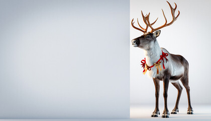 Festive reindeer adorned with ribbons, perfect for Christmas promotions, holiday greetings, and winter event announcements with space for text