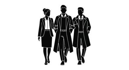 Three diverse professionals walk forward together, symbolizing teamwork and shared success.