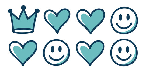 A collection of teal outlined cartoon icons including hearts crowns and smiling faces on white background
