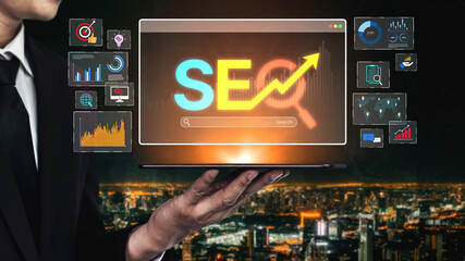 SEO concept for improving SEO visibility, with SEO related digital tools and SEO performance icons shown in an focused layout for strategic marketing. Spline