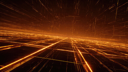 Vibrant orange glowing lines form an intricate digital grid, representing a futuristic data network, cyberspace, and abstract technological connectivity.
