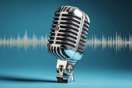 Vintage microphone with sound wave on blue background highlighting audio recording and music themes