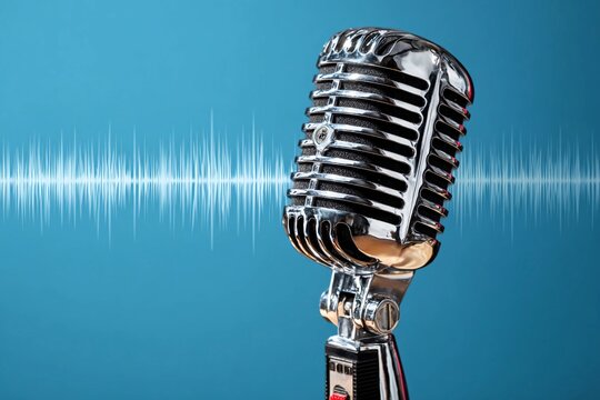 Vintage microphone with sound waves against a blue background showcases the essence of music and performance