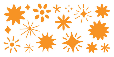 A collection of various orange star shapes and starbursts isolated on a white background in a flat design