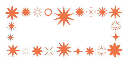 A frame of orange starbursts and star shapes on a white background creating a rectangular border design