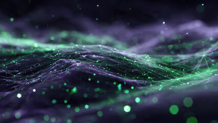 Mesmerizing digital landscape with glowing green particle network over abstract purple and green waves, symbolizing data, AI, or technological energy.