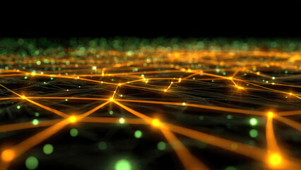 A vibrant abstract network of glowing orange lines and bright nodes illustrates interconnected data flow and technological infrastructure.