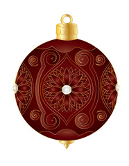 Elegant Red Velvet Christmas Ornament with Gold Floral Details and Pearl Accents &ndash; Vector Illustration