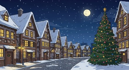 Fototapeta premium Old city street vector cartoon with chalet houses and Christmas tree