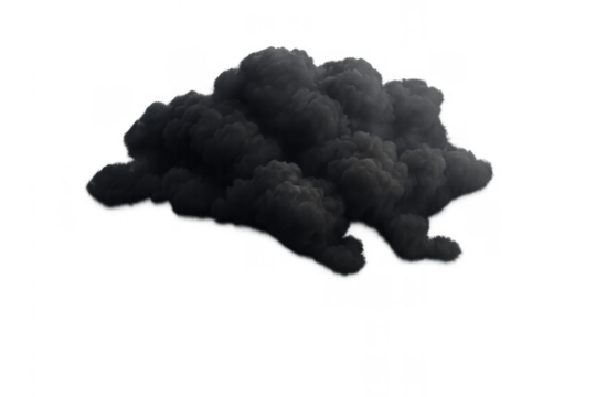 Black smoke rising and spreading, indicating pollution, fire, or an explosion. Ominous dark cloud of smog on transparent backdrop