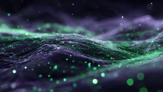 Mesmerizing digital landscape with glowing green particle network over abstract purple and green waves, symbolizing data, AI, or technological energy.