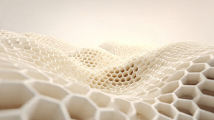 A captivating abstract view of an undulating, light cream honeycomb-like cellular structure. This intricate hexagonal pattern suggests organic tissue or advanced material design.