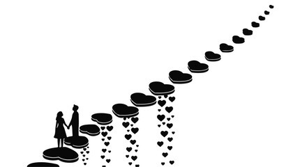 Couple walking hand in hand on a path of hearts, symbolizing a loving journey together.