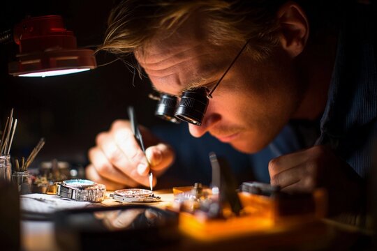 Watchmaker examines timepiece components in a workshop during twilight hours
