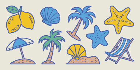 Illustration of lemons, seashells, palm trees, starfishes, umbrella, and beach chair on beige background