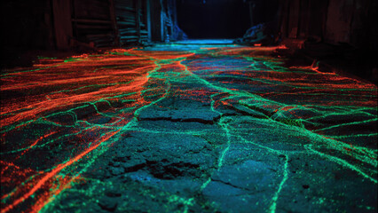 Cracked ground illuminated by vibrant neon red and green glowing patterns in a dark, mysterious environment, creating an otherworldly, artistic display.