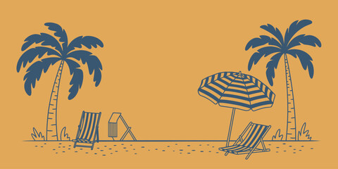 A beach scene with palm trees, beach chairs, and an umbrella on a yellow background illustration