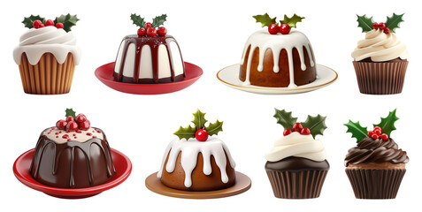 PNG Festive desserts with holly decorations, element set on transparent background