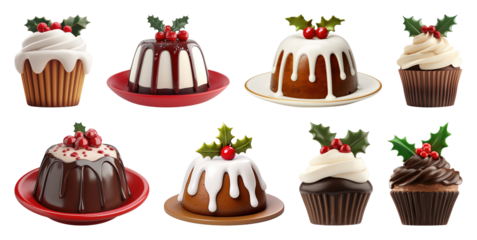 PNG Festive desserts with holly decorations, element set on transparent background