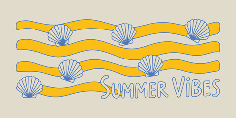 Illustration of yellow waves with blue seashell accents and the words summer vibes on a light background