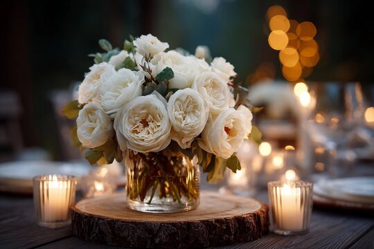Elegant white rose bouquet on a wooden table surrounded by soft candlelight in a cozy outdoor setting