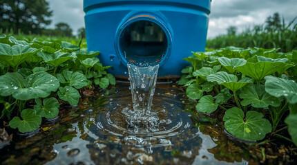 A blue barrel releases water onto lush green plants, creating ripples in a puddle as the camera focuses on the natural element and its refreshing effect.