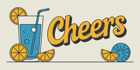 A cheers illustration with a blue drink in a glass with oranges and a straw on a light background