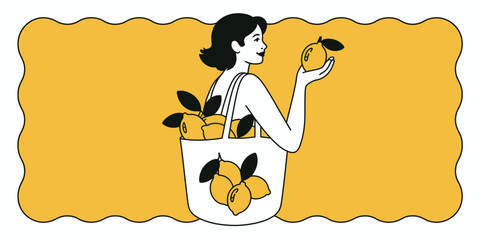 A woman holding a lemon with a bag full of lemons on a yellow background with wavy border design art