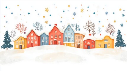 Fototapeta premium Winter Scene With Colorful Houses and Falling Snow in a Peaceful Village Setting