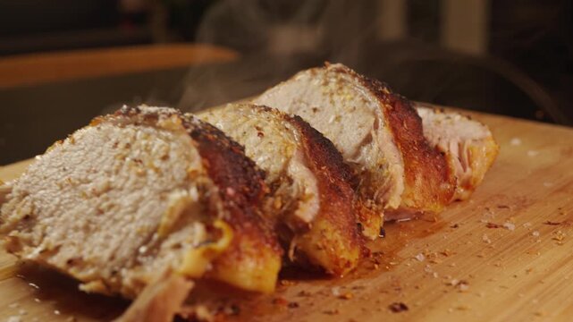 Sliced boneless pork loin joint arranged on a wooden board, showing juicy interior and crispy fat. Perfectly roasted, ready to serve for meals and gatherings.