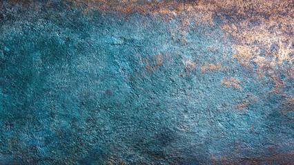 Abstract textured surface with rich teal and coppery gold hues, suggesting oxidized metal or rustic stone. A dynamic, grunge aesthetic.