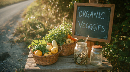 A roadside stand displays baskets brimming with fresh organic vegetables and fruits, a chalkboard sign reading 'ORGANIC VEGGIES' in the background.