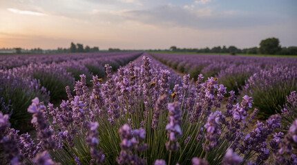Naklejka premium A field of purple lavender flowers stretches towards the horizon under a hazy, pastel sky. Bees are busy collecting nectar from the blossoms in the foreground.