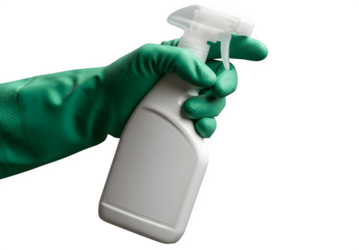 Hand in Green Rubber Glove Holding White Cleaning Spray Bottle Isolated on Transparent Background PNG