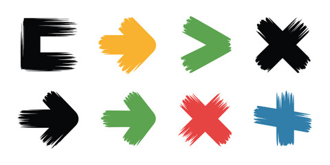 Eight brush stroke symbols including an e, arrows, greater than, x, and a plus on a white background