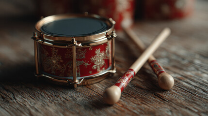 Red Christmas toy drum with gold details and festive drumsticks placed on rustic wooden table surrounded by blurred seasonal decorations