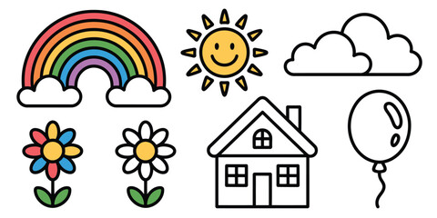 Illustration of rainbow sun clouds flowers house and balloon on a white background simple and colorful