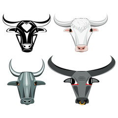 Set of four hand-drawn bull faces on a white background