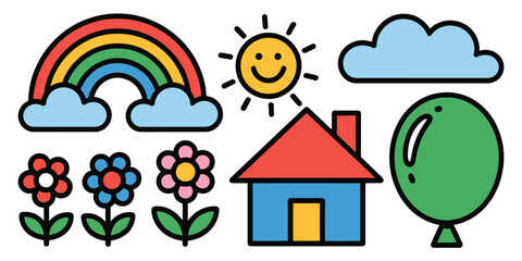 A colorful cartoon illustration featuring a rainbow, sun, clouds, flowers, house, and balloon