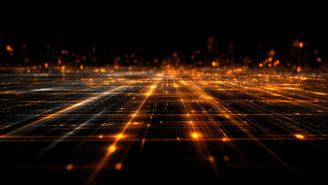 A futuristic digital grid with glowing orange lines and data points on a dark background, symbolizing technology, connectivity, and a vast network.
