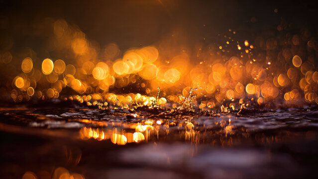 A stunning close-up of water splashing, illuminated by warm, golden bokeh lights creating a magical, ethereal glow and reflections.