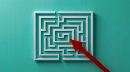 A red arrow points towards the center of a white maze against a teal background, symbolizing the solution to a complex problem.